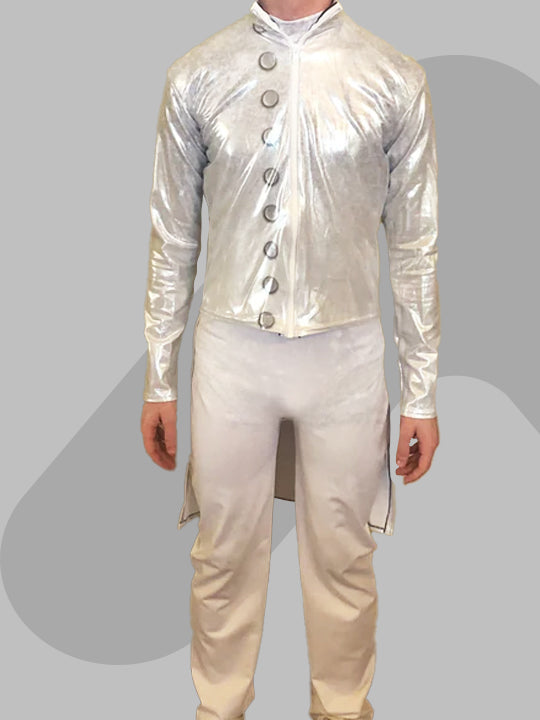 Synced Up Designs Custom White/Silver Unitards with Glitterfoil Jackets and Armbands (Set of 36)